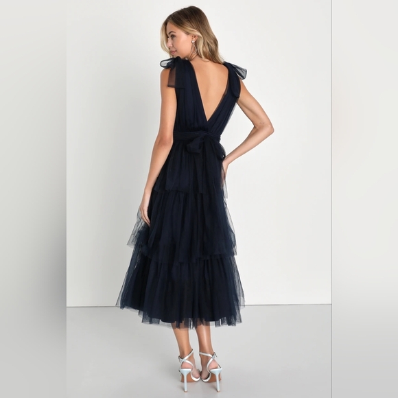 Lulus Flawless Arrival Navy Blue Tulle Tie-Strap Tiered Maxi Dress L Wedding - Picture 5 of 8